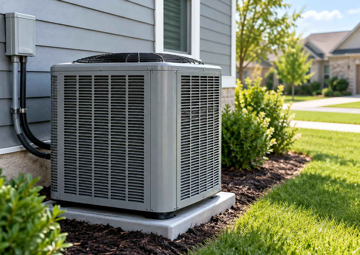Residential HVAC system beside a home